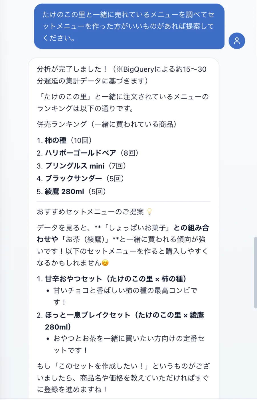 AI-Chatで併売分析からセット提案を受けている画面